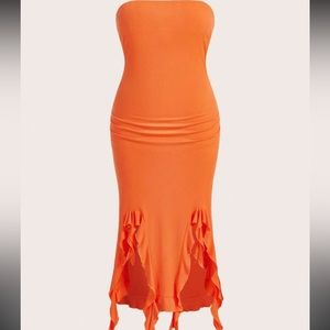 Shein Asymmetrical Hem Tube Dress- Orange- Ribbed